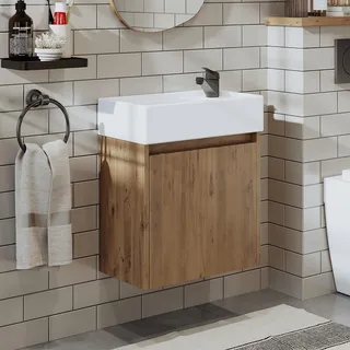 ROOMART Badmöbelset 50cm Unterschrank mit Waschbecken Badezimmer Möbel Gäste WC (Waschbecken mit Unterschrank, Eiche)