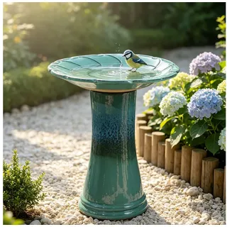 LVHOM Vogeltränke Halbhandgefertigtes Keramik Vogelbad, Wirrelrelief, Ø 43cm, wetterfest, Stilvolles Wassergefäß für Deko, Pflanzen, Garten, Terrasse, Balkon. blau