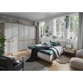 WIEMANN Barcelona Bett, Doppelbett, Bettgestell 180 x 220 cm, Bianco Eiche, Futonbett, schwebend, Komforthöhe, Kopfteil gepolstert, Creme, Champagner