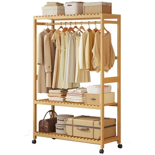 Kleiderständer, Kleiderständer Bambus/Kleiderstange mit Höhenverstellbaren Regalen, Rollgarderobe mit Kleiderstange, Offener Kleiderschrank mit Schuhablage Kleiderstange für Schlafzimmer Flur