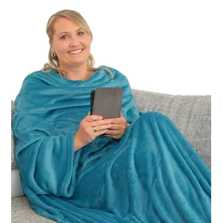 L.E.M.B. Hometrends Kuscheldecke mit Ärmeln TV Decke Sofadecke Ärmeldecke Wohndecke Fleecedecke Mikrofaser Strokkur 150 x 180 cm Petrol