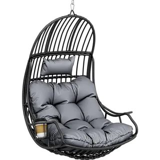 YITAHOME Hängesessel Eierschaukel 150 kg Belastbarkeit, Rattan Schaukelsessel mit Kissen & Getränkehalter, Hängekorbstuhl für Garten, Terrasse, Balkon, Wohnzimmer, Grau