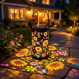 Bunte Sonnenblumen-Solar-Gartenlaterne,Hängende Solar-Schattenlaterne mit durchbrochenem Design,Sonnenblume Solarlampen für Außen,Wasserdicht Metall LED Solarlaterne für Hof,Terrasse,Gartendeko