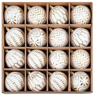 SVNVIOZ 16 Stück 8cm Weihnachtskugeln Weiß Gold, Christbaumkugeln Kunststoff Deko Weihnachten, Bruchsicher Weihnachtsbaumschmuck mit Aufhänger, Weihnachtsbaumkugeln für Weihnachtsdeko Innen Aussen