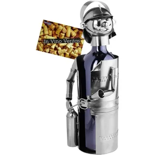 BRUBAKER Weinflaschenhalter Feuerwehrmann mit Feuerlöscher, (inklusive Grußkarte), Metall Skulptur, Wein Geschenk, Flaschenhalter Feuerwehr silberfarben