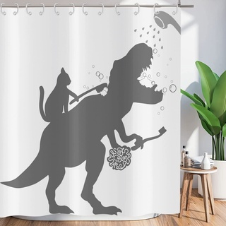 ASDCXZ Duschvorhang Lustig 180x220 cm, Einfachheit Lustig Katze Dinosaurier Weiß Waschbar Textil Badezimmer Vorhänge Polyester Stoff Wasserdicht Duschvorhänge für Badewanne mit 12 Duschvorhang Hake