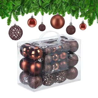Relaxdays Weihnachtskugeln 50er Set, glitzernde, Matte & glänzende Christbaumkugeln, Kunststoff, ∅ 3, 4 & 6 cm, braun