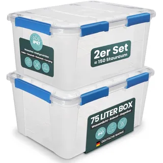 Kreher® Aufbewahrungsbox mit Deckel (75 Liter) – Wasserdichte Box stapelbar, Luftdichte Box BPA- & schadstofffrei, robuste Lagerboxen mit Silikondichtung, Kunstoffbox mit 6 Clips (2)