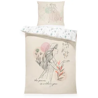 MTOnlinehandel Kinderbettwäsche Disney „Die Eiskönigin“ Frozen 135x200 + 80x80 cm, Renforcé, 100% Baumwolle, 2 teilig, Anna & Elsa im stilvollen Zeichnungsdesign in sanften Pastelltönen beige