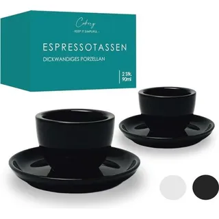 Famanu Set von 2 Dickwandigen Espressotassen - 90 ml Porzellan mit Unterteller - Handgefertigt und Modern in Schwarz