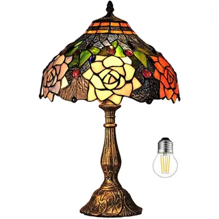 Kinbolas Tischlampe im Tiffany Stil,Vintage Nachttischlampe Schlafzimmer Deko Lampe,Jugendstil Tischleuchte,Rose buntglas lampenschirm 30cm / 12 Zoll,Harz-Basis Mit kabel und E27 LED Birne