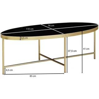 KADIMA DESIGN Couchtisch Glas Schwarz - Oval 110 x 56 cm mit Gold, Metallgestell, Großer Wohnzimmertisch, Lounge Tisch