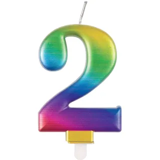 Unique Party Supplies 19632 Metallische Geburtstagskerze - Zahl 2 - Regenbogen, 7 centimeters