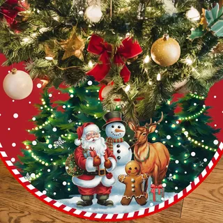 Weihnachtsbaum Decke, 120cm Dunkelrot Weihnachtsbaum Rock, Groß Weihnachtsbaumdecke mit Weihnachtsmann & Schneemann, Rund Polyester Christbaumdecke Tannenbaumdecke für Winterferien Weihnachten Party