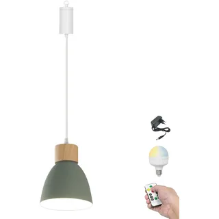 FSLiving Dimmbare Hängelampe mit Batterie Innen, Modern Eisen Hängeleuchte Batteriebetriebene Lampe, Pendelleuchte ohne Strom Stromanschluss für Küche Nachttischcafé,Grün