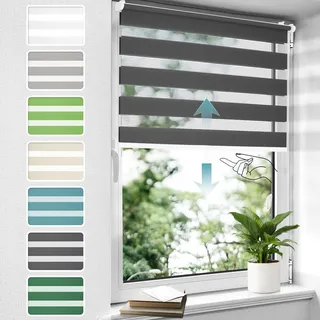 Doppelrollo schnurlos Klemmfix ohne Bohren Duo Rollos für Fenster & Tür, 65x120cm (BxH) Anthrazit, Drücken Und Ziehen Springrollos Klemmrollo ohne Schnur lichtdurchlässig & Blickdicht