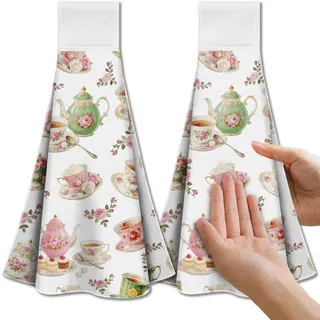 CUTHOLLOW Retro-Teetasse Geschirrtücher mit Aufhänger, 2 Set Dekorative Handtücher, Weiche & saugfähige Mikrofaser Geschirrtuch für Küche, Bad, Ofengriff, Geschenk zur Einweihung, Geburtstag