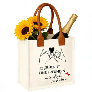Beste Freundin Geschenke, Personalisierte Canvas Tragetasche mit Ledergriffen und Spruch, Kleine Auszeit Tasche Beige 25x21x14cm, Freundinnen Geschenkideen Geburtstag, Geschenke für Freundin Schwester - 25x21x14cm
