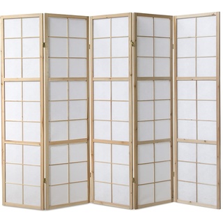 Homestyle4u 169, Paravent Raumteiler 5 teilig, Holz Natur, Reispapier Weiß, Höhe 175 cm