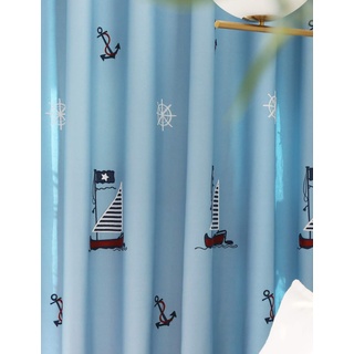 Lactraum Vorhänge Kinderzimmer Junge Blickdicht Blau Maritim mit Ösen Bestickt Segelboot Anker 145 x 245cm