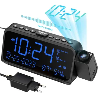 ROCAM Radiowecker mit Projektion, Projektionswecker für Schlafzimmer, 270° drehbar, 5 Helligkeitsstufen, LED Wecker mit Temperatur, Luftfeuchtigkeit, Doppelalarm, Snooze, USB-C & Nachtlicht