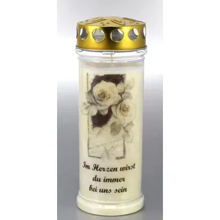 Grabkerze mit Spruch und Motiv Blume, (21x7,5 cm) Grablicht mit 7 Tage Brenndauer (3715), Wetterfestes Trauerlicht mit Deckel, Hochwertige Trauerkerze, Edle Gedenkkerze aus Deutschland