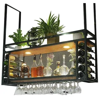 Decken weinregale mit Weinglashalter Flaschenregal | Wand Weinhalter Deckenregal hängend küche Holz Metall hängeregal | Weinglashalter Weinständer | Würfel Flaschenhalter Hängeweinregal (schwarz)