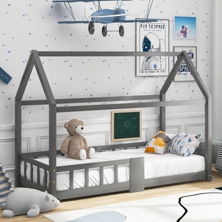 Symiu Kinderbett Hausbett 90 x 200 cm, Holzbett für Kids, inkl.Tafel|Lattenrosten|Rausfallschutz, aus Kiefernholz, für Kinder,Grau (ohne Matratze)