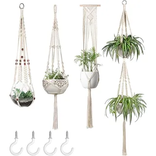 Makramee Pflanzenampeln 4er Set Elfenbein Baumwollseil 89-140cm mit Haken Boho