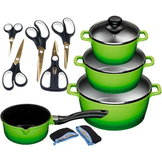 KING Topf-Set ALUGUSS, Aluminiumguss (Set, 14-tlg., je 1 Kochtopf 16/20/24 cm, 1 Stieltopf 16 cm, Scheren-Set, Grips), Glasdeckel,Keramikantihaftbeschichtung,Induktion grün