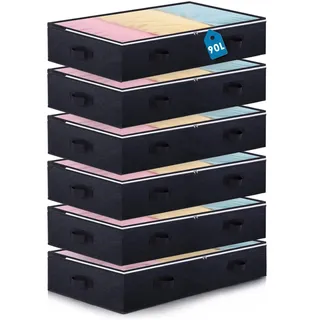 Boic 6 Stück 90L Unterbettkommode, Faltbarer Unterbett Aufbewahrungsbox Große, Kleideraufbewahrung Bettkasten Aufbewahrung Mit Deckel Für Bettdecken Kleidung Unterbett Kleiderschrank (Schwarz)