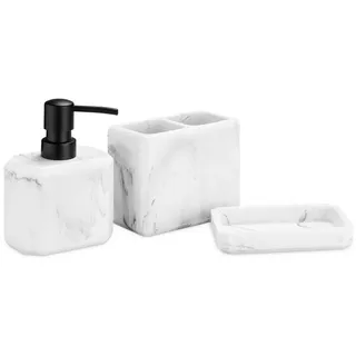 Navaris Badezimmer Set 3-teilig Marmoroptik - dekoratives Badzubehör mit Zahnputzbecher, Seifenspender & Seifenschale - Bad Accessoires Marmor Optik