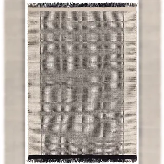 KADIMA DESIGN Wollteppich handgewebt mit Fransen PISA, geometrisch, Schwarz-Weiß, 120 x 170 cm