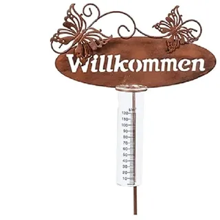 Geschenk-Himmel Gartenstecker Regenmesser Willkommen mit Zwei Schmetterlinge aus Metall