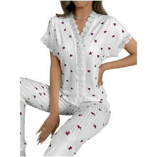 Gyios Schlafanzug Damen Damen-Pyjama-Set Mit Spitzenbesatz, Kurzärmliges Oberteil Knöpfen Vorne Und Durchgehende Hose, Kirschmuster, 2-teilig, Nachtwäsche, Homewear