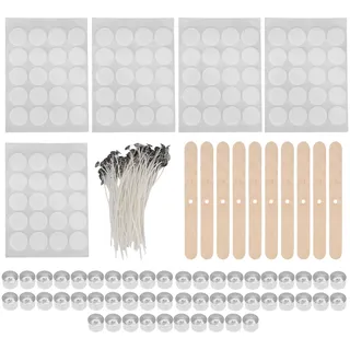 100 Kerzendochte (15 Cm), 50 Wachshüllen, 10 Dochthalter Aus Holz, Doppelseitige Aufkleber (23 G Aluminiumhüllen, Weißer Hintergrund)