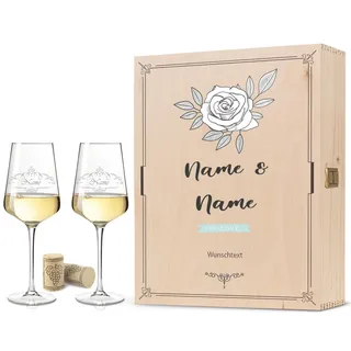 GRAVURZEILE Leonardo Weingläser mit Gravur - Vintage Weinranke - Personalisiert mit Namen im 2er Set inkl. Holzkiste - Geschenk zum Geburtstag, Jahrestag & zur Hochzeit - Farbe: Große Kiste UV