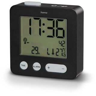 Hama Funkwecker mit Batterie (Wecker mit digitaler Funkuhr, lautlos, klein, Funkwecker mit Beleuchtung, Speed Alarm, Snooze, Temperatur, Datum, 6,5 x 2,1 x 6,5 cm idealer Reisewecker) schwarz