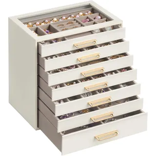 SONGMICS Schmuckkästchen mit 7 Ebenen, Glasdeckel und Schubladen | Große Schmuckaufbewahrung für Ringe, Ohrringe, Ketten, 24 x 17,2 x 24 cm, Cremeweiß und Beige, GLORIBEL Kollektion JBC207W101