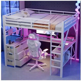 Flieks Hochbett Metallbett 140x200cm mit Schrank, Schreibtisch, Ablage, LED-Leiste weiß
