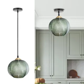 Hängelampe Grün Vintage Pendelleuchte Glas Moderner Retro-Stil Drop Deckenleuchte Hängeleuchte Grüne Lampenschirm mit Messing Lampenfassung Pendelleuchten für Kücheninsel Wohnzimmer, E26(1Pack)