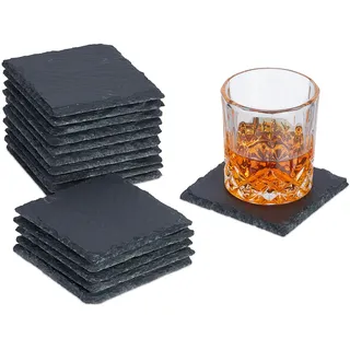 Relaxdays Schiefer Untersetzer, 16er Set, eckige Glasuntersetzer, 10x10 cm, Raclette- & Getränkeuntersetzer, anthrazit