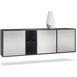 Vladon Sideboard Cuba (Kommode, mit 3 Türen und 2 offene Fächer), Schwarz matt/Hellgrau Seidenmatt (182 x 53 x 35 cm) grau