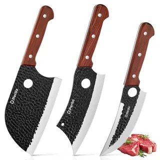 D.Perlla Metzgermesser Set 3-teilig Kochmesser Set mit Hackmesser,Wikinger-Ausbeinmesser und Serbisches Kochmesser, Profi Fleischmesser für Kochen, Grill, Camping und BBQ