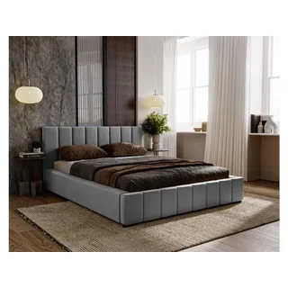 marpur Polsterbett Nero mit Kopfteil, 200x200 cm, Doppelbett mit Bettkasten und Lattenrost aus Holz, Velourstoff: Grau