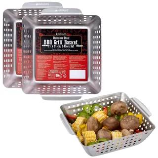 Navaris Edelstahl Grillschale 2er Set - Grillkorb Gemüse - Grillpfännchen für Grill - Grill Schale für Gemüse - Hervorragende Hitzespeicherung - Für alle Grilltypen - 21x21