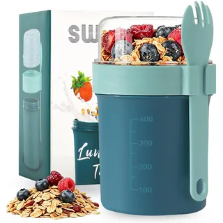 Swkien Müslibecher to go mit Löffel - Auslaufsicherer Joghurtbecher to go mit Unterteilung (560ml + 220ml) - Spülmaschinengeeignet & BPA-Frei - für Büro, Fitness, Schule, Reise - Marineblau