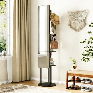 Um 360° Drehbarer Ganzkörperspiegel – 174 X 40 Cm - Garderobe Mit Stauraum Und Haken – Industrial-stil – Metall Und Holz – Schwarz
