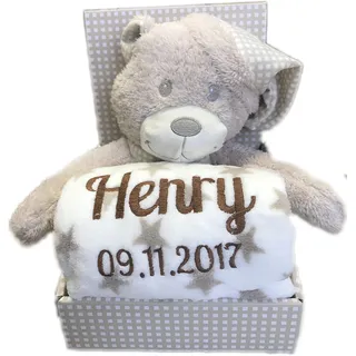 Babydecke mit Name & Geburtsdatum bestickt inkl. Plüsch Stofftier - Geschenk Taufe Geburt/CE-Zertifizierung (Beige - TEDDY mit SCHLAFMÜTZE)