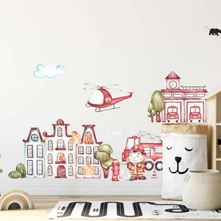 WANDKIND Feuerwehr V395 Wandtattoo Kinderzimmer | handgezeichnet | AUFKLEBER Kindergarten | Wandsticker Babyzimmer Feuerwehrauto Feuerwehrmann (50 x 50 cm)